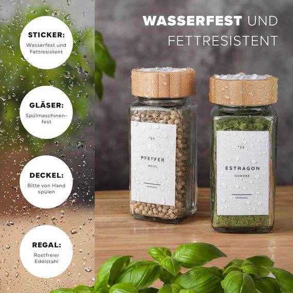 Havenhaus Gewürz regal Set Edelstahl | Gewürzregal stehend inkl. 24 Gewürzgläser+336 Gewürzetiketten deutsch & Accessoires | Wand oder stehend | Gewürz Organizer | Gewürzregal mit Gläsern