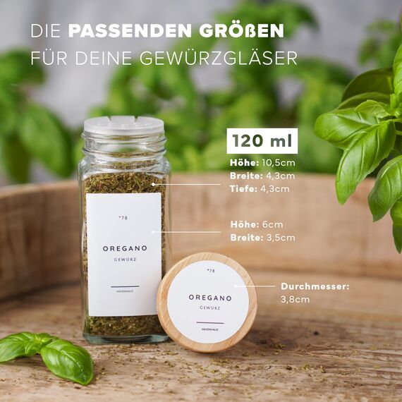 HAVENHAUS Premium Gewürzgläser Set Holzdeckel | 24 Gewürz Organizer inkl. 336 deutschen Gewürzetiketten | Gewürzgläser eckig mit Streuaufsätzen lebensmittelecht | Gewürzstreuer & Gewürzbehälter modern