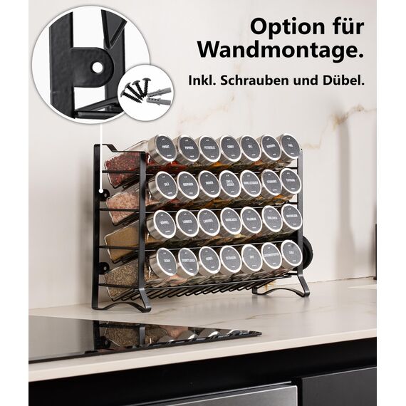 Deco haus® Gewürzregal Stehend & Wand [MIT 28 GLÄSERN & GEWÜRZETIKETTEN] - Gewürz Organizer - Gewürzregal Wand - Spice Rack Organizer - Gewürzständer Gewürzregale Hängend - Gewürzregale Schrank