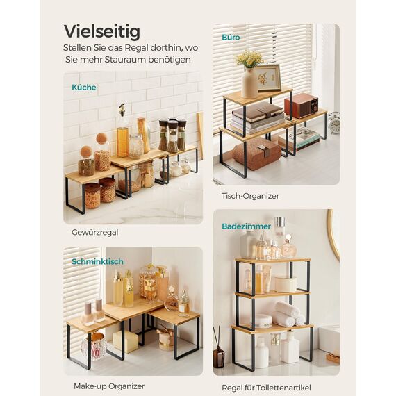 SONGMICS Gewürzregal, 3er Set Küchen-Organizer, Küchenregal, stapelbar, erweiterbar, Metall und Holzwerkstoff, tintenschwarz-naturbeige KCS014B01