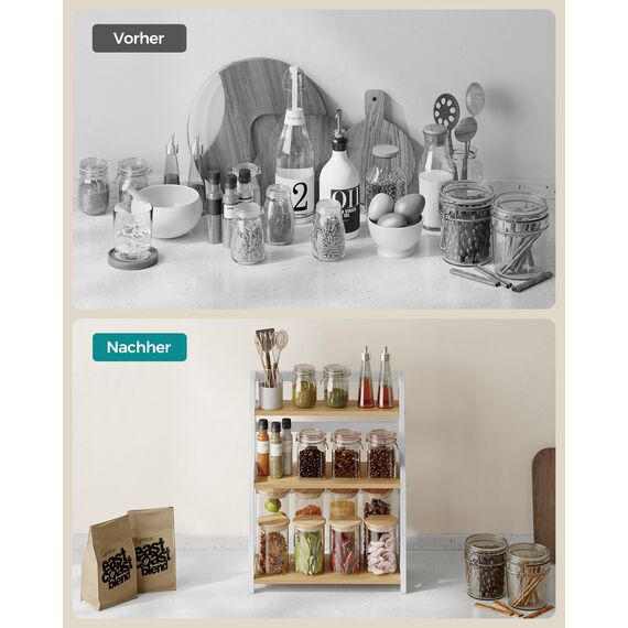 SONGMICS Gewürzregal mit 3 Ebenen, Küchenregal, Aufbewahrungsregal, für Arbeitsplatte, Bambusgestell, für Küche, Esszimmer, Büro, natureichenfarben OFS047Y01