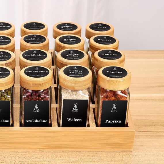 SAEIV Natürlicher Bambus Gewürzregal mit Gläsern, Gewürzregale Schrank Set mit 24 Gewürzgläser Eckig, Spice Rack Bambus für Eine Aufgeräumte und Organisierte Küche Geeignet