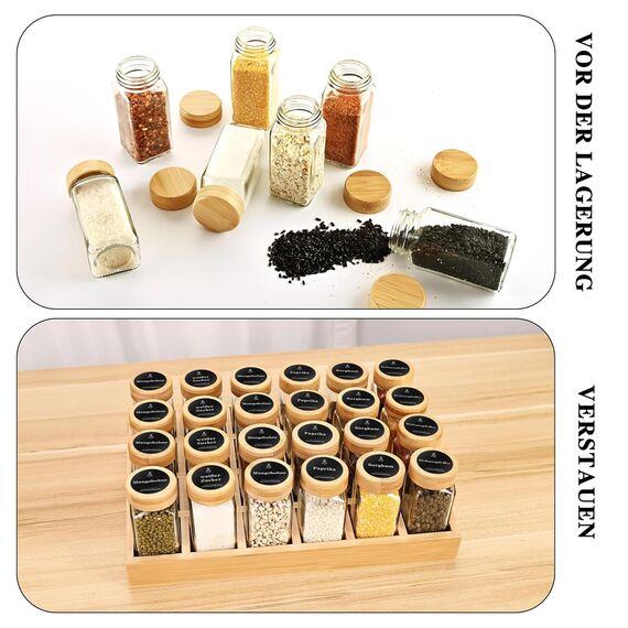 SAEIV Natürlicher Bambus Gewürzregal mit Gläsern, Gewürzregale Schrank Set mit 24 Gewürzgläser Eckig, Spice Rack Bambus für Eine Aufgeräumte und Organisierte Küche Geeignet