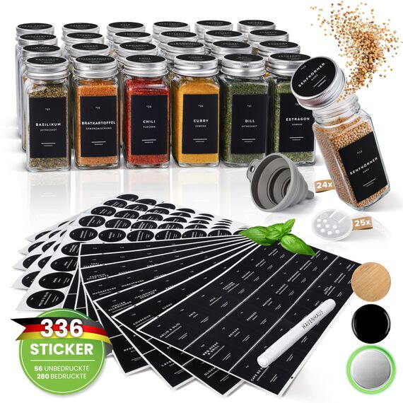Havenhaus Premium Gewürzgläser Set Aluminium | 24 Gewürz Organizer inkl. 336 deutschen Gewürzetiketten | Gewürzgläser eckig mit Streuaufsätzen lebensmittelecht | Gewürzstreuer & Gewürzbehälter modern