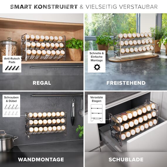 Havenhaus Gewürz regal Set Edelstahl | Gewürzregal stehend inkl. 24 Gewürzgläser+336 Gewürzetiketten deutsch & Accessoires | Wand oder stehend | Gewürz Organizer | Gewürzregal mit Gläsern