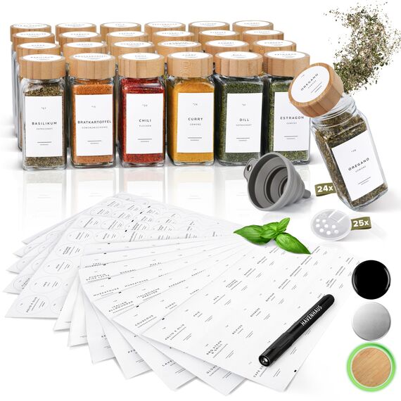 HAVENHAUS Premium Gewürzgläser Set Holzdeckel | 24 Gewürz Organizer inkl. 336 deutschen Gewürzetiketten | Gewürzgläser eckig mit Streuaufsätzen lebensmittelecht | Gewürzstreuer & Gewürzbehälter modern