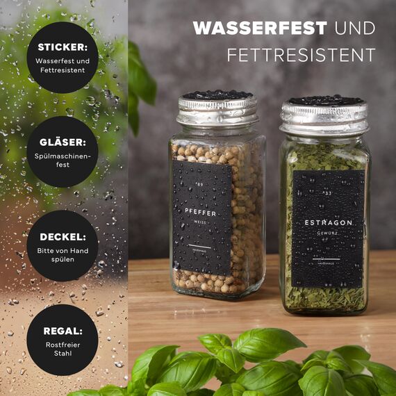 Havenhaus Gewürz regal Set | Gewürzregal stehend inkl. 24 Gewürzgläser+336 Gewürzetiketten deutsch & Accessoires | Wand oder stehend | Gewürz Organizer | Gewürzregal mit Gläsern