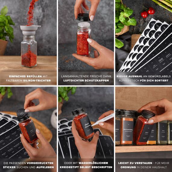 HAVENHAUS Gewürzgläser Set schwarz | 24 Gewürz Organizer inkl. 336 deutschen Gewürzetiketten | Gewürzgläser eckig mit Streuaufsätzen | Gewürze Aufbewahrung Küche | Gewürzstreuer& Gewürzbehälter modern