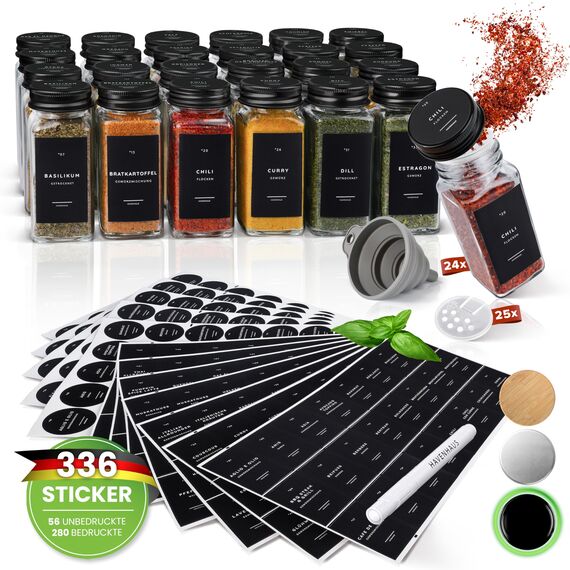 HAVENHAUS Gewürzgläser Set schwarz | 24 Gewürz Organizer inkl. 336 deutschen Gewürzetiketten | Gewürzgläser eckig mit Streuaufsätzen | Gewürze Aufbewahrung Küche | Gewürzstreuer& Gewürzbehälter modern