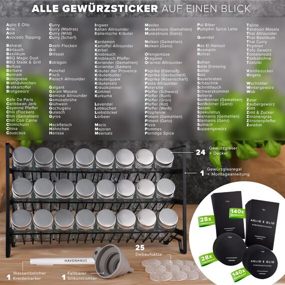 Havenhaus Gewürz regal Set | Gewürzregal stehend inkl. 24 Gewürzgläser+336 Gewürzetiketten deutsch & Accessoires | Wand oder stehend | Gewürz Organizer | Gewürzregal mit Gläsern