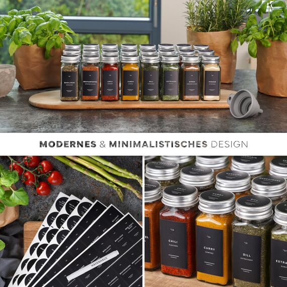 Havenhaus Premium Gewürzgläser Set Aluminium | 24 Gewürz Organizer inkl. 336 deutschen Gewürzetiketten | Gewürzgläser eckig mit Streuaufsätzen lebensmittelecht | Gewürzstreuer & Gewürzbehälter modern