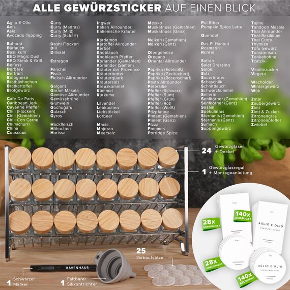 Havenhaus Gewürz regal Set Edelstahl | Gewürzregal stehend inkl. 24 Gewürzgläser+336 Gewürzetiketten deutsch & Accessoires | Wand oder stehend | Gewürz Organizer | Gewürzregal mit Gläsern