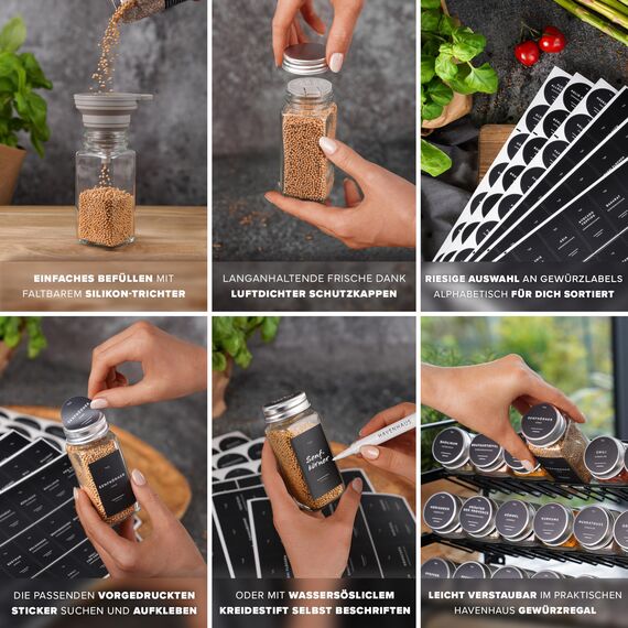 Havenhaus Gewürz regal Set | Gewürzregal stehend inkl. 24 Gewürzgläser+336 Gewürzetiketten deutsch & Accessoires | Wand oder stehend | Gewürz Organizer | Gewürzregal mit Gläsern
