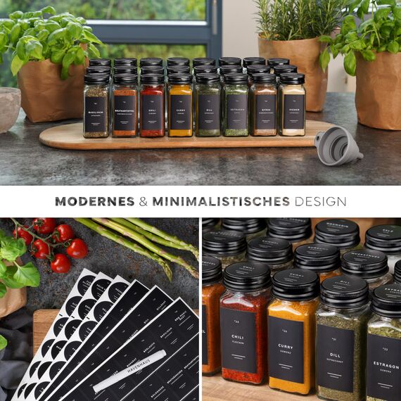 HAVENHAUS Gewürzgläser Set schwarz | 24 Gewürz Organizer inkl. 336 deutschen Gewürzetiketten | Gewürzgläser eckig mit Streuaufsätzen | Gewürze Aufbewahrung Küche | Gewürzstreuer& Gewürzbehälter modern