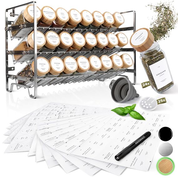 Havenhaus Gewürz regal Set Edelstahl | Gewürzregal stehend inkl. 24 Gewürzgläser+336 Gewürzetiketten deutsch & Accessoires | Wand oder stehend | Gewürz Organizer | Gewürzregal mit Gläsern