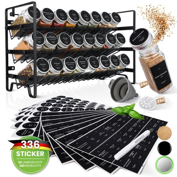 Havenhaus Gewürz regal Set | Gewürzregal stehend inkl. 24 Gewürzgläser+336 Gewürzetiketten deutsch & Accessoires | Wand oder stehend | Gewürz Organizer | Gewürzregal mit Gläsern