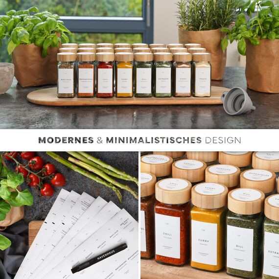 HAVENHAUS Premium Gewürzgläser Set Holzdeckel | 24 Gewürz Organizer inkl. 336 deutschen Gewürzetiketten | Gewürzgläser eckig mit Streuaufsätzen lebensmittelecht | Gewürzstreuer & Gewürzbehälter modern