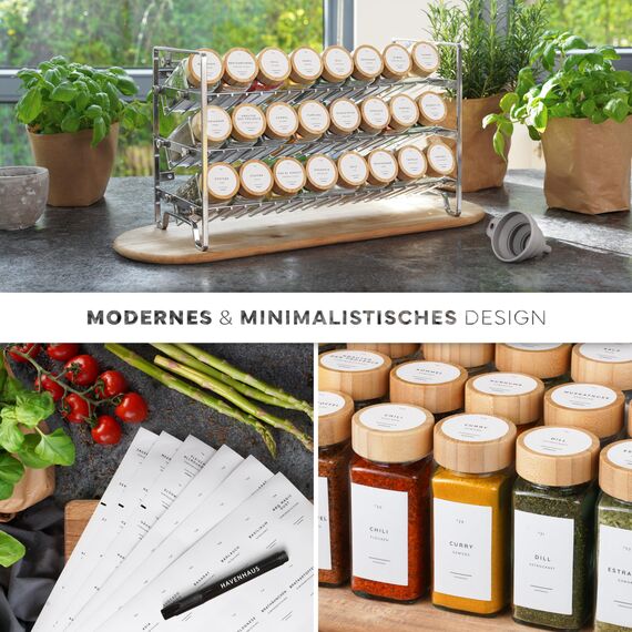 Havenhaus Gewürz regal Set Edelstahl | Gewürzregal stehend inkl. 24 Gewürzgläser+336 Gewürzetiketten deutsch & Accessoires | Wand oder stehend | Gewürz Organizer | Gewürzregal mit Gläsern
