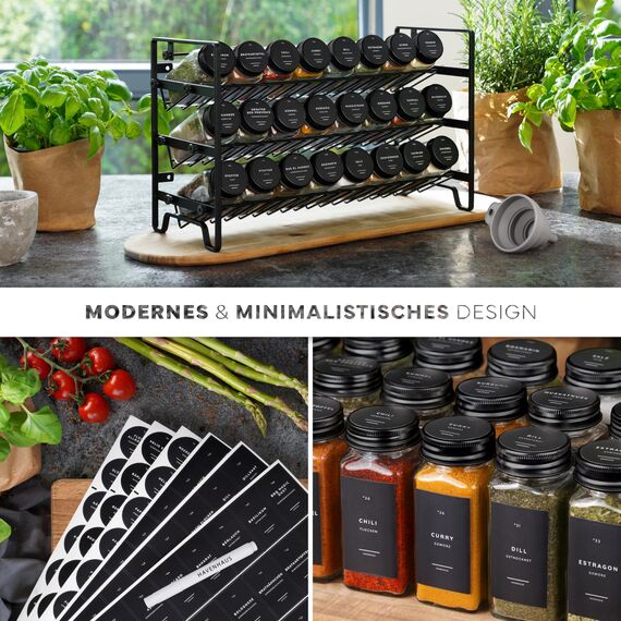 Havenhaus Gewürzregal Set Schwarz | Stehend oder Wandmontage | 24 Gewürzgläser + 336 Gewürzetiketten Deutsch & Accessoires | Modernes Design | Lebensmittelecht & Spülmaschinenfest