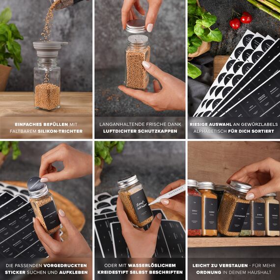 Havenhaus Premium Gewürzgläser Set Aluminium | 24 Gewürz Organizer inkl. 336 deutschen Gewürzetiketten | Gewürzgläser eckig mit Streuaufsätzen lebensmittelecht | Gewürzstreuer & Gewürzbehälter modern