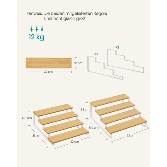 SONGMICS Gewürzregale, Küchenregale stehend, Küchen-Organizer, 2er Set, Holzwerkstoff, je 4 Ablagen, ausziehbar, stapelbar, für Speisekammer, Arbeitsplatte, naturbeige-wolkenweiß KCS216N02