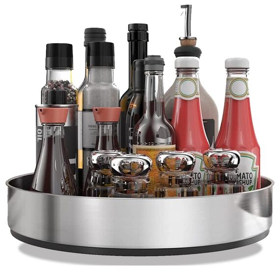 PIGPIGFLY Küchen Organizer,Drehteller Organizer Küche,360 Grad Rotierender Vorratsbehälter Für Lebensmittel,Gewürzhalter aus Rostfreiem Edelstahl,Lazy Susan(Silber/25cm)