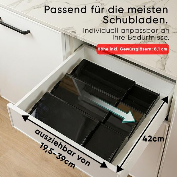 Deco haus® Gewürzregal Schublade [MIT 24 GEWÜRZGLÄSER & ETIKETTEN] - Gewürze Organizer - Gewürzeinsatz Schublade - Gewürzschublade Organizer mit Gläser - Schubladeneinsatz Gewürze