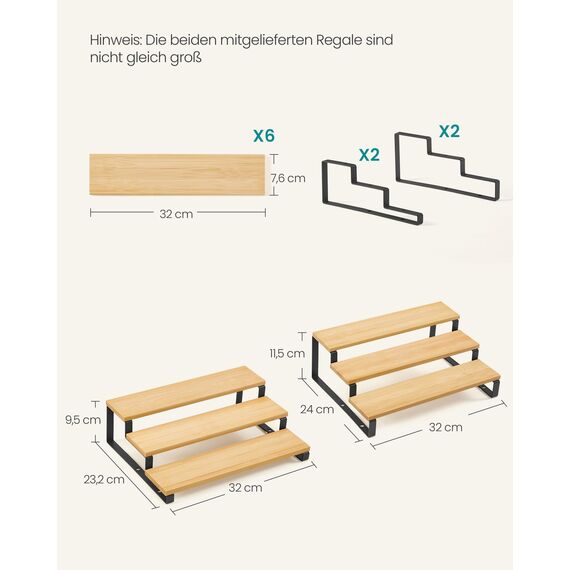 SONGMICS Gewürzregale, Küchenregale stehend, Küchen-Organizer, 2er Set, Holzwerkstoff, je 3 Ablagen, ausziehbar, stapelbar, für Speisekammer, Arbeitsplatte, naturbeige-tintenschwarz KCS016N01