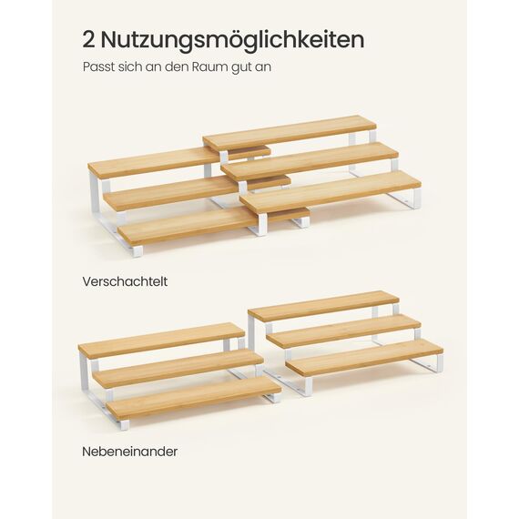 SONGMICS Gewürzregale, Küchenregale stehend, Küchen-Organizer, 2er Set, Holzwerkstoff, je 3 Ablagen, ausziehbar, stapelbar, für Speisekammer, Arbeitsplatte, naturbeige-wolkenweiß KCS016N02