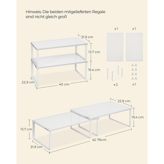 SONGMICS Gewürzregal, 2er Set, Küchenregal, Küchen-Organizer, Küche, Gewürzhalter, erweiterbar, stapelbar, kleines Regal, Metall, weiß KCS401W01