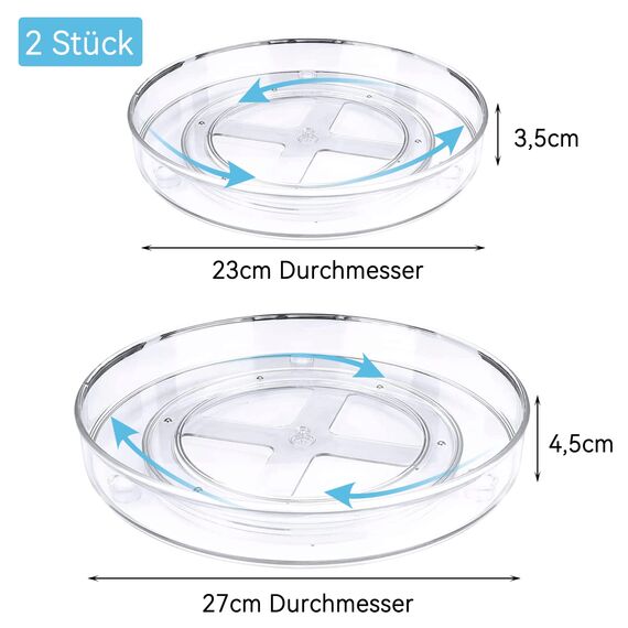 ERBO 2 Stück Drehteller Organizer, Küchen Kühlschrank Organizer, 360° Kühlschrank Drehplatte Gewürzhalter, Drehbarer Organizer für Küche Speisekammer Schrank Dresser (27+23cm)