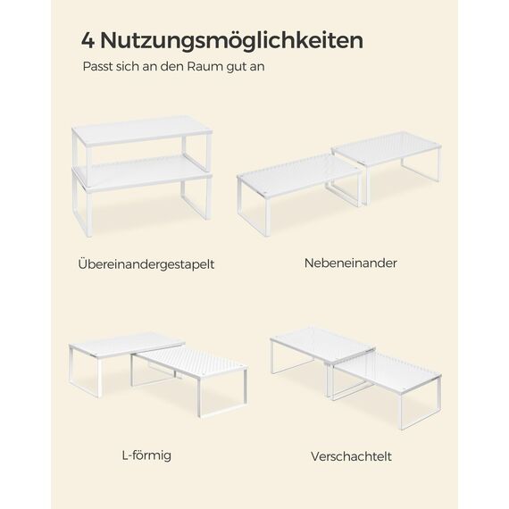 SONGMICS Gewürzregal, 2er Set, Küchenregal, Küchen-Organizer, Küche, Gewürzhalter, erweiterbar, stapelbar, kleines Regal, Metall, weiß KCS401W01