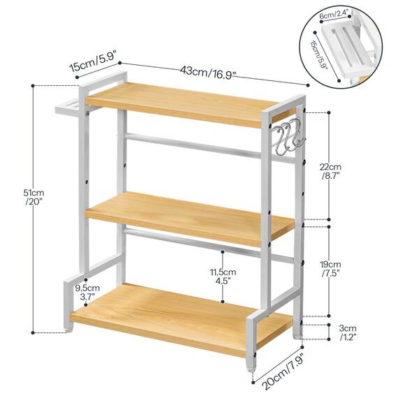 HOOBRO Gewürzregal, Küchenregal mit 3 Haken und Messerhalter, Gewürzständer, Küchen-Organizer auf der Arbeitsplatte, Gewürzhalter, für Küche, Esszimmer, Badezimmer, Holzfarbe und Weiß EWN01TL01