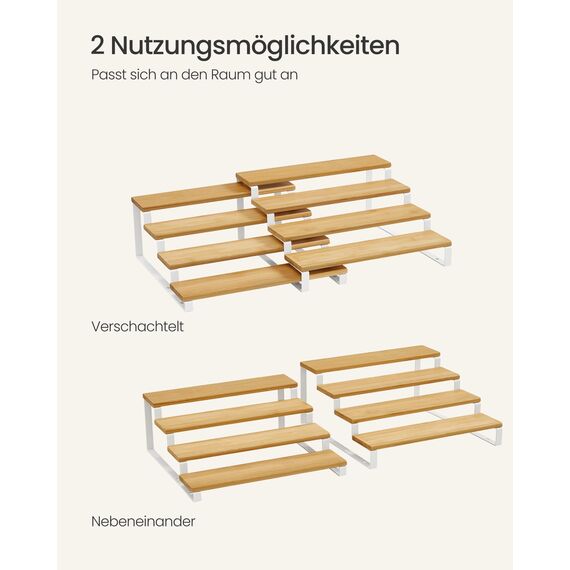 SONGMICS Gewürzregale, Küchenregale stehend, Küchen-Organizer, 2er Set, Holzwerkstoff, je 4 Ablagen, ausziehbar, stapelbar, für Speisekammer, Arbeitsplatte, naturbeige-wolkenweiß KCS216N02