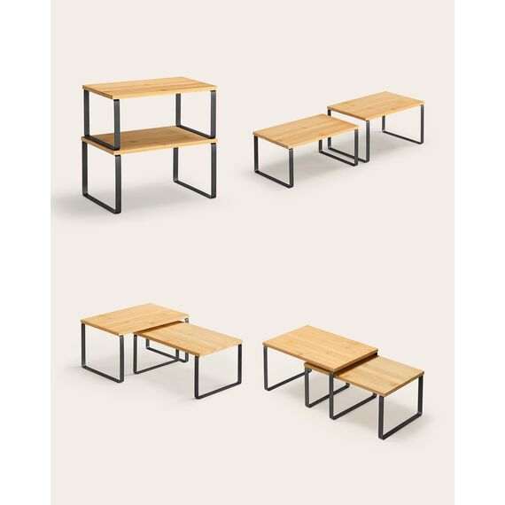 SONGMICS Gewürzregal, 4er Set, Küchenregal, Küchen-Organizer, erweiterbar, Gewürzhalter, stapelbar, mit Metallrahmen, 19,5 x 29,7 x 15,8 cm, tintenschwarz-naturbeige KCS10NB