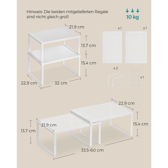 SONGMICS Gewürzregal, 2er Set, Küchenregal, Küchen-Organizer, Küche, Gewürzhalter, erweiterbar, stapelbar, kleines Regal, Metall, weiß KCS01WT