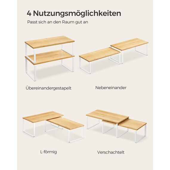 SONGMICS Gewürzregal, 4er Set, Küchenregal, Küchen-Organizer, erweiterbar, Gewürzhalter, stapelbar, mit Metallrahmen, ‎19,5 x 39,7 x 15,8 cm, wolkenweiß-naturbeige KCS210W01