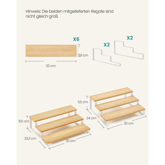 SONGMICS Gewürzregale, Küchenregale stehend, Küchen-Organizer, 2er Set, Holzwerkstoff, je 3 Ablagen, ausziehbar, stapelbar, für Speisekammer, Arbeitsplatte, naturbeige-wolkenweiß KCS016N02