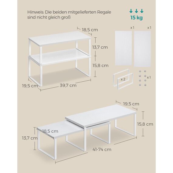 SONGMICS Gewürzregal, 4er Set, Küchenregal, Küchen-Organizer, erweiterbar, Gewürzhalter, stapelbar, mit Metallrahmen, ‎19,5 x 39,7 x 15,8 cm, wolkenweiß-schneeweiß KCS028W01