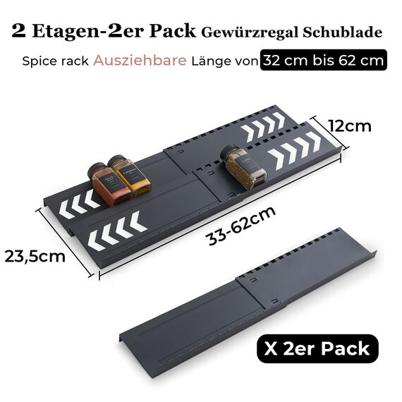 Homhut Gewürzregal Schublade 2 Etagen, Gewürz Organizer Schublade, Gewürz Schubladeneinsatz, Schubladen Ordnungssystem von 33cm bis 62cm, Organizer für Küche, Arbeitsfläche, Schrank, Regal