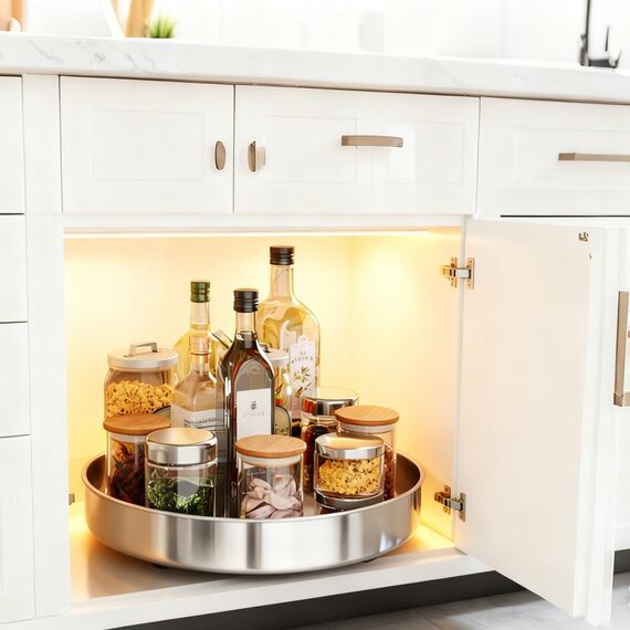 Küchen Organizer,Drehteller Organizer Küche,360 Grad Rotierender Vorratsbehälter Für Lebensmittel,Gewürzhalter aus Rostfreiem Edelstahl,Lazy Susan(Silber/20cm)