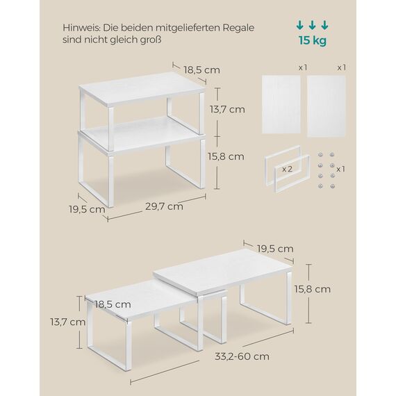 SONGMICS Gewürzregal, 4er Set, Küchenregal, Küchen-Organizer, erweiterbar, Gewürzhalter, stapelbar, mit Metallrahmen, 19,5 x 29,7 x 15,8 cm, wolkenweiß-schneeweiß KCS027W01