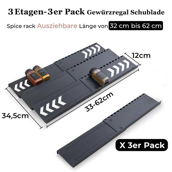 Homhut Gewürzregal Schublade 3 Etagen, Gewürz Organizer Schublade, Gewürz Schubladeneinsatz, Schubladen Ordnungssystem von 33cm bis 62cm, Organizer für Küche, Arbeitsfläche, Schrank, Regal