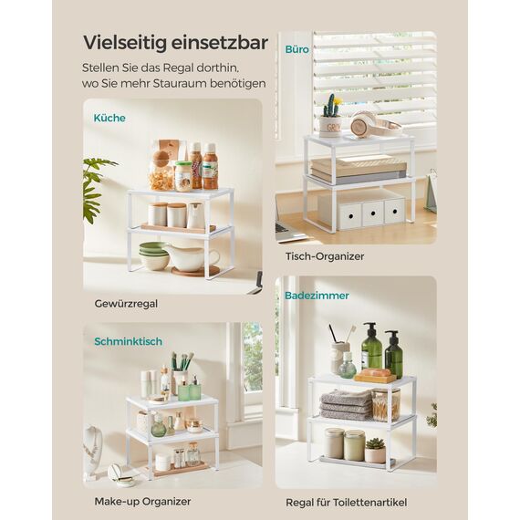 SONGMICS Gewürzregal, 4er Set, Küchenregal, Küchen-Organizer, Küche, Gewürzhalter, erweiterbar, stapelbar, kleines Regal, Metall, weiß KCS006W01