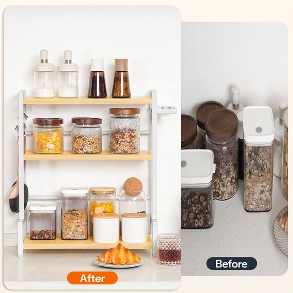 HOOBRO Gewürzregal, Küchenregal mit 3 Haken und Messerhalter, Gewürzständer, Küchen-Organizer auf der Arbeitsplatte, Gewürzhalter, für Küche, Esszimmer, Badezimmer, Holzfarbe und Weiß EWN01TL01