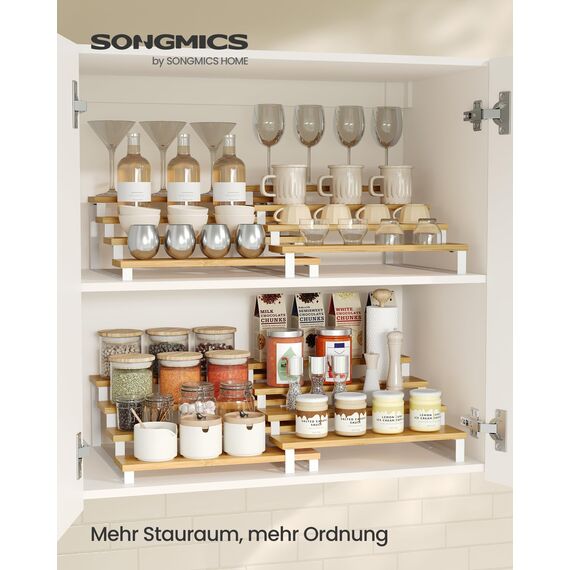 SONGMICS Gewürzregale, Küchenregale stehend, Küchen-Organizer, 2er Set, Holzwerkstoff, je 4 Ablagen, ausziehbar, stapelbar, für Speisekammer, Arbeitsplatte, naturbeige-wolkenweiß KCS216N02