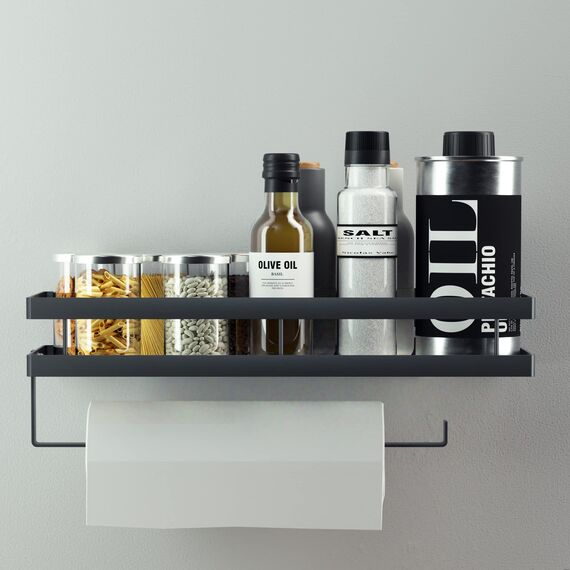CZKDTT Gewürzregal,Küchenregal wand ohne Bohren,Gewürzregal Hängend Mit Küchenrollenhalter und 4 Haken,küchen organizer schublade,küchenutensilienhalter,35cm schwarz