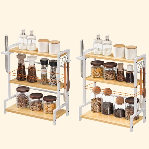 HOOBRO Gewürzregal, Küchenregal mit 3 Haken und Messerhalter, Gewürzständer, Küchen-Organizer auf der Arbeitsplatte, Gewürzhalter, für Küche, Esszimmer, Badezimmer, Holzfarbe und Weiß EWN01TL01