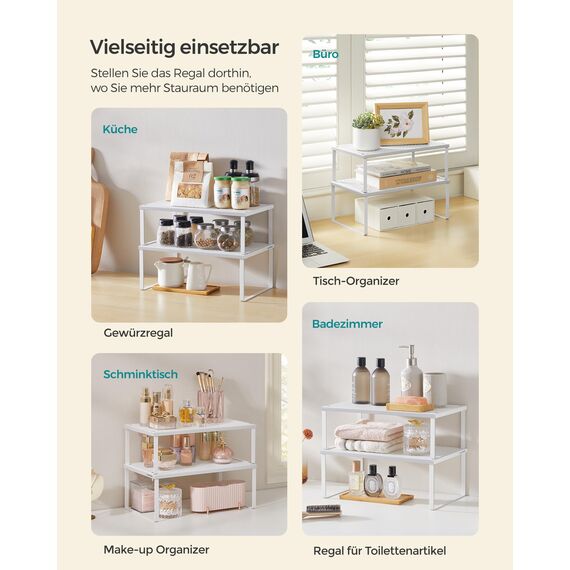 SONGMICS Gewürzregal, 2er Set, Küchenregal, Küchen-Organizer, Küche, Gewürzhalter, erweiterbar, stapelbar, kleines Regal, Metall, weiß KCS401W01