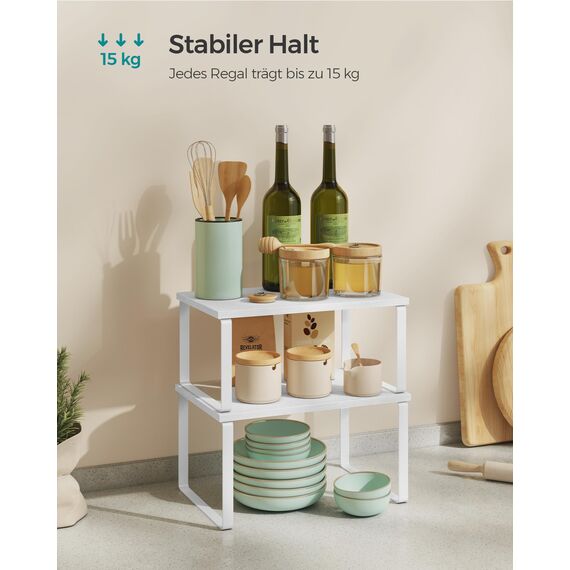 SONGMICS Gewürzregal, 4er Set, Küchenregal, Küchen-Organizer, erweiterbar, Gewürzhalter, stapelbar, mit Metallrahmen, 19,5 x 29,7 x 15,8 cm, wolkenweiß-schneeweiß KCS027W01